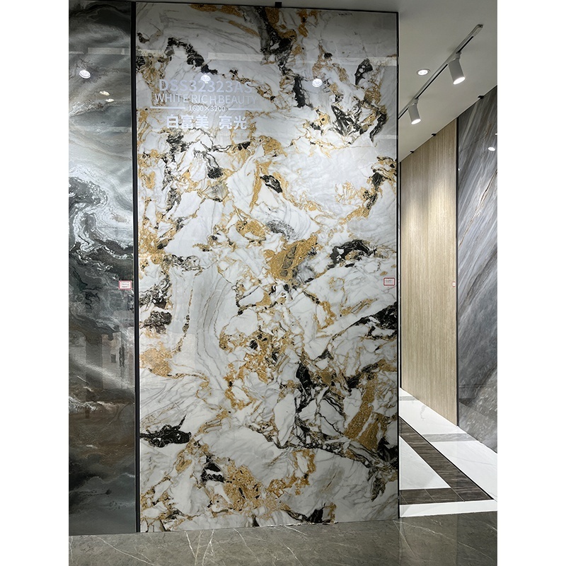 160x320cm Large Format Porcelain Slab Glazed Polished Floor Tile Golden Marble White Ceramic Tiles