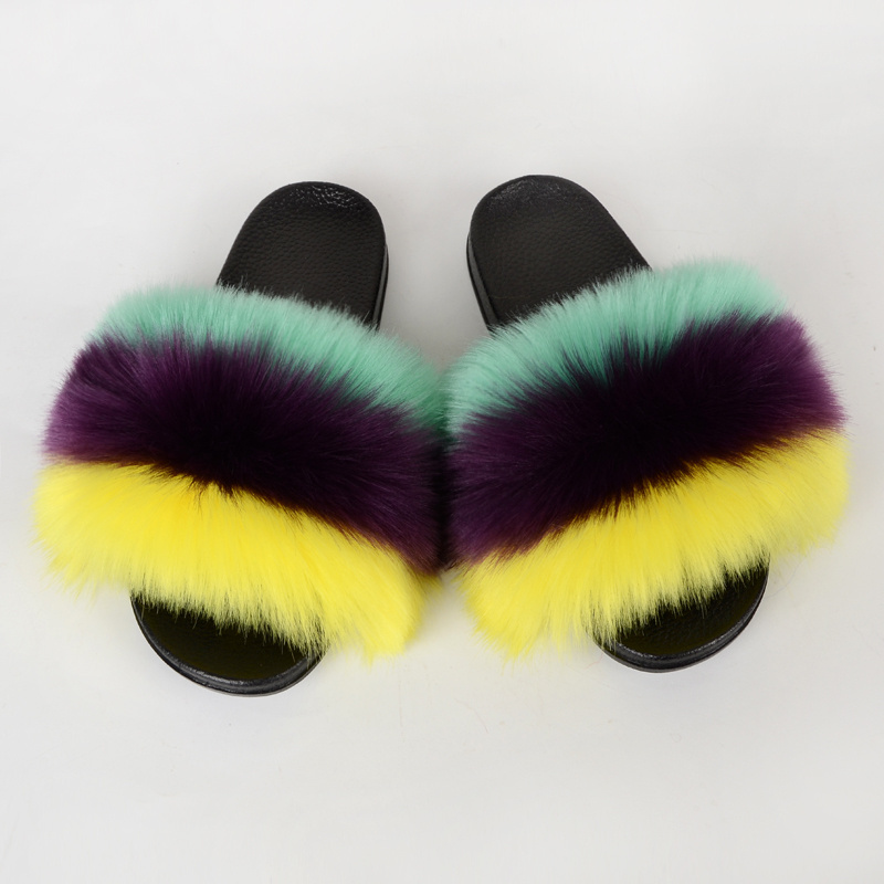 Fashion Design PVC EVA Outsole Custom Logo Furry Faux Fox Fur Slides Slippers for Women