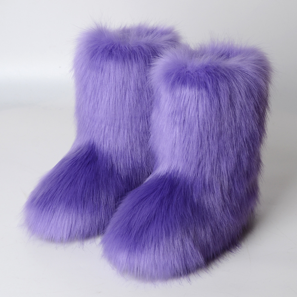 Long fur boots women winter warm thickness rubber sole faux fox furry ankle non-slip mid-length personalized fashion snow boots