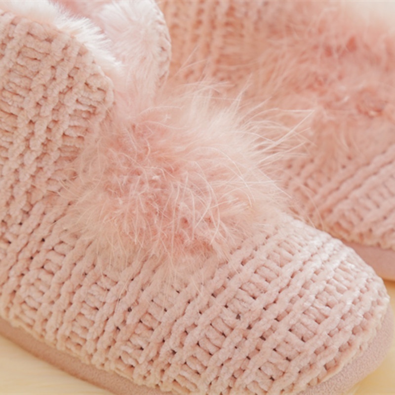 Fashion Feather Decoration Ankle Height Winter Faux Fur Indoor Ladies Knit Boots