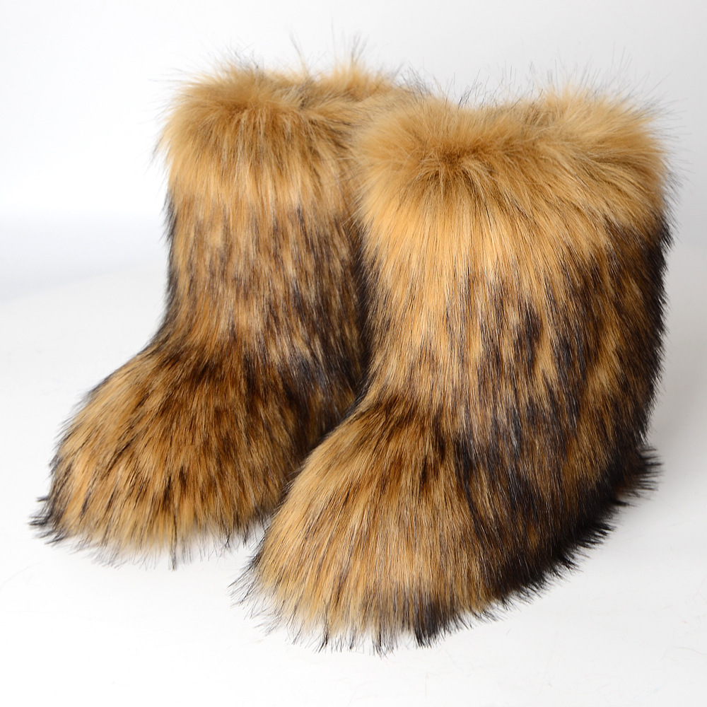 Long fur boots women winter warm thickness rubber sole faux fox furry ankle non-slip mid-length personalized fashion snow boots