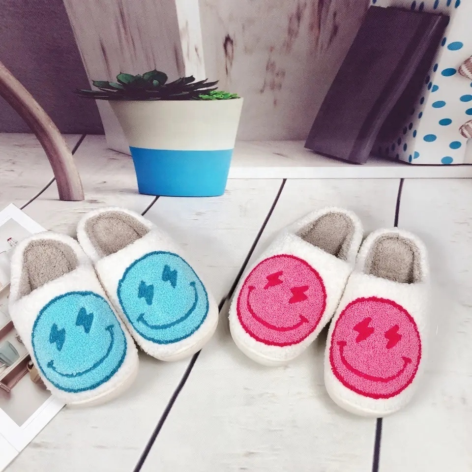 Evil eye Indoor Winter Female House Home Fluffy Custom Cozy Bedroom Fuzzy Plush Women Smiley face Happy face Slides Slipper