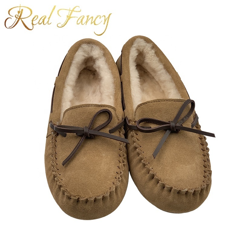 Fashion Winter Cow Suede Leather Moccasins Flat Women Loafer Shoes