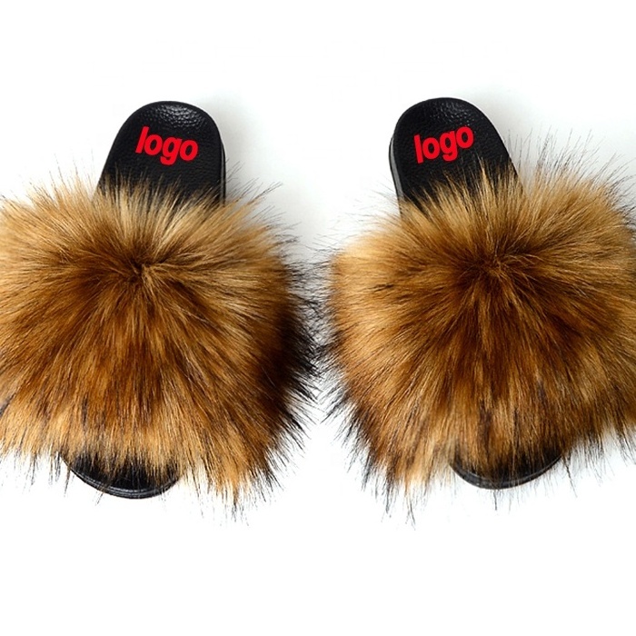 Fashion Design PVC EVA Outsole Custom Logo Furry Faux Fox Fur Slides Slippers for Women