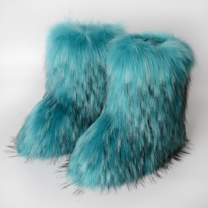 Long fur boots women winter warm thickness rubber sole faux fox furry ankle non-slip mid-length personalized fashion snow boots