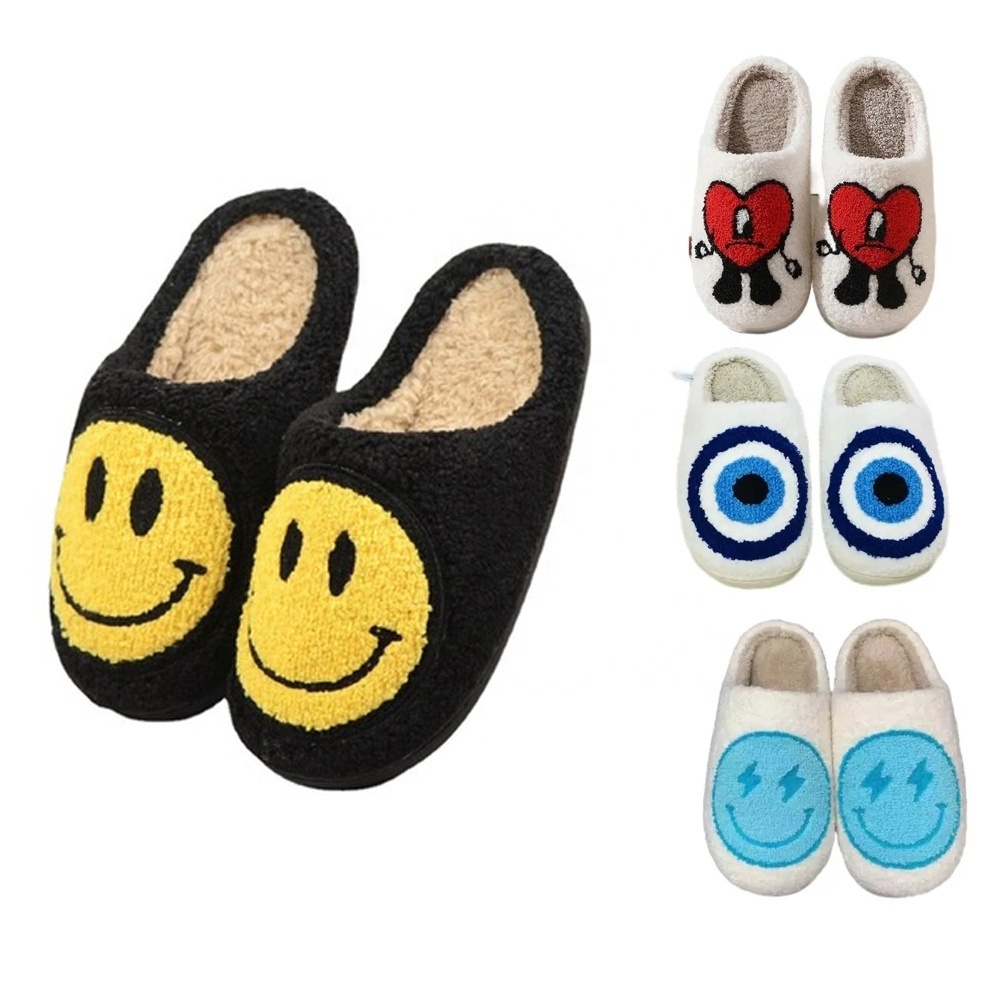 Evil eye Indoor Winter Female House Home Fluffy Custom Cozy Bedroom Fuzzy Plush Women Smiley face Happy face Slides Slipper