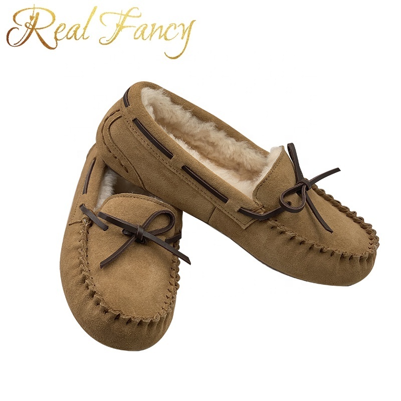 Fashion Winter Cow Suede Leather Moccasins Flat Women Loafer Shoes