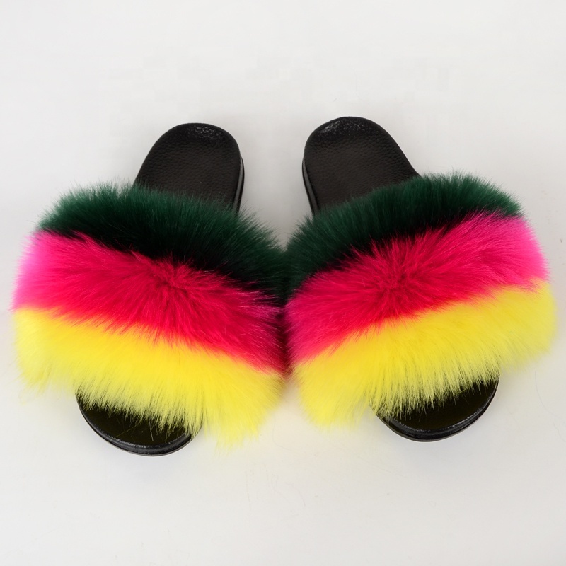 Fashion Design PVC EVA Outsole Custom Logo Furry Faux Fox Fur Slides Slippers for Women