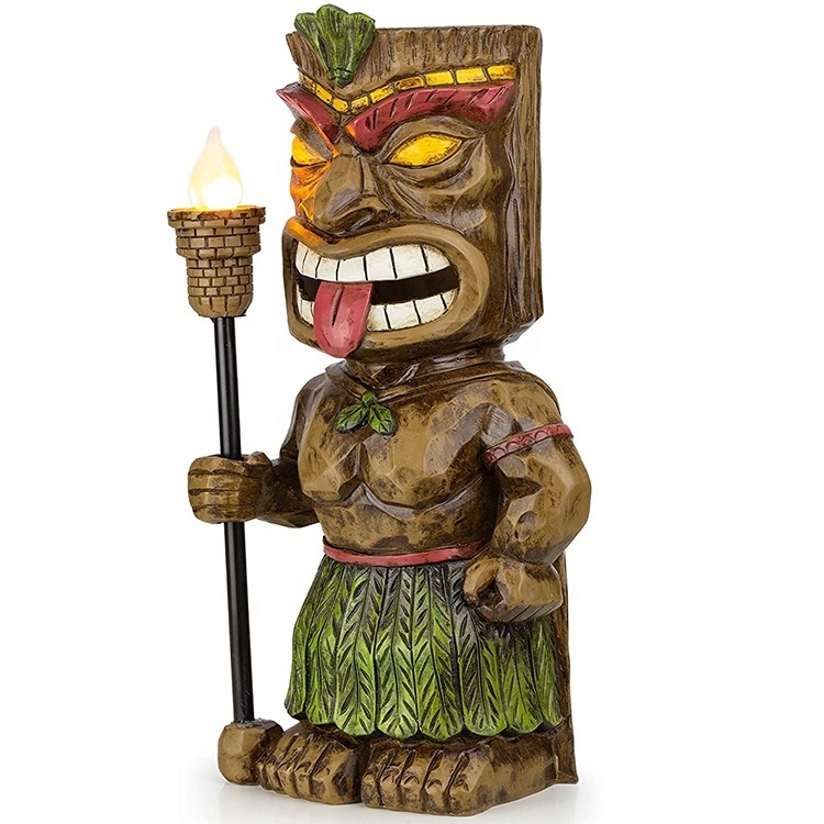 Tiki God Solar Powered Figurine Statue Outdoor Decor LED Garden with Torch