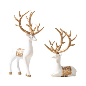 Modern Home Decor Resin Sitting Standing Deer Statues Gold Reindeer Ornament Desktop Living Room TV Cabinet Wine Elk Figurines