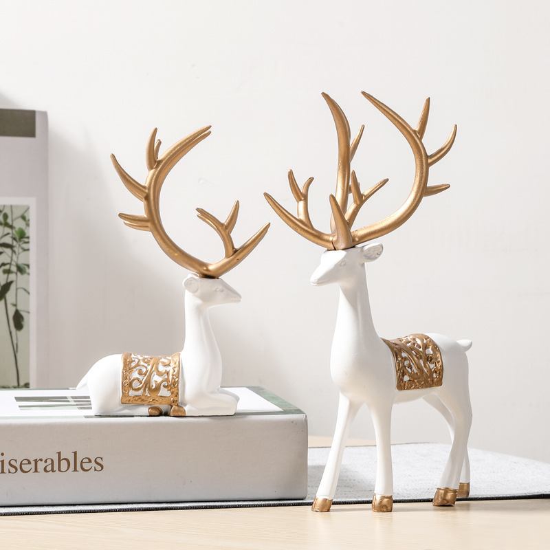 Modern Home Decor Resin Sitting Standing Deer Statues Gold Reindeer Ornament Desktop Living Room TV Cabinet Wine Elk Figurines