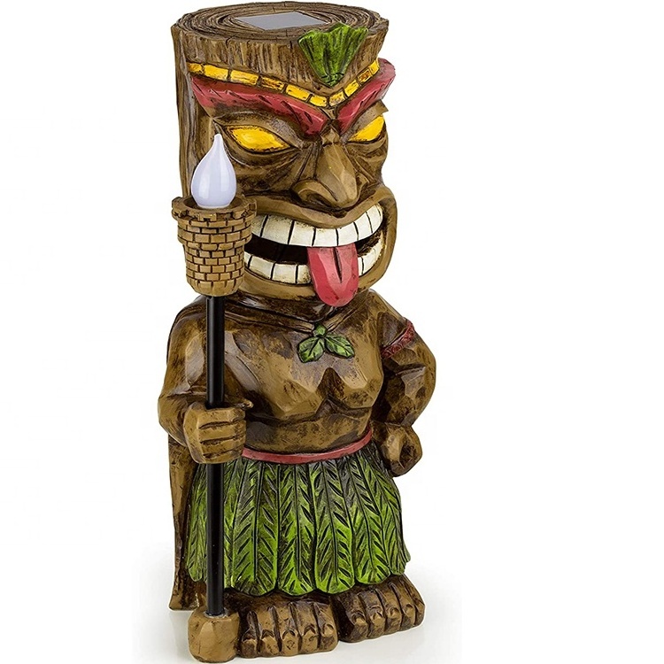 Tiki God Solar Powered Figurine Statue Outdoor Decor LED Garden with Torch