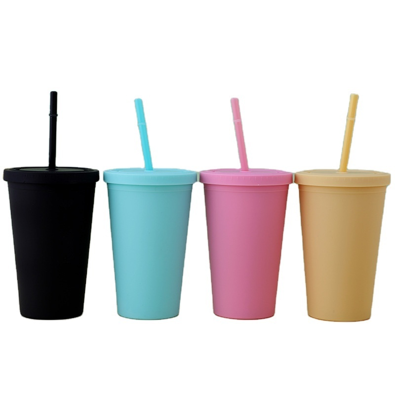 Travel Gift Bundle 16oz 24oz Reusable Matt Plastic Solid Color Ice Cold Drink Cup Straw Cups Stadium Cup With Lids And Straws