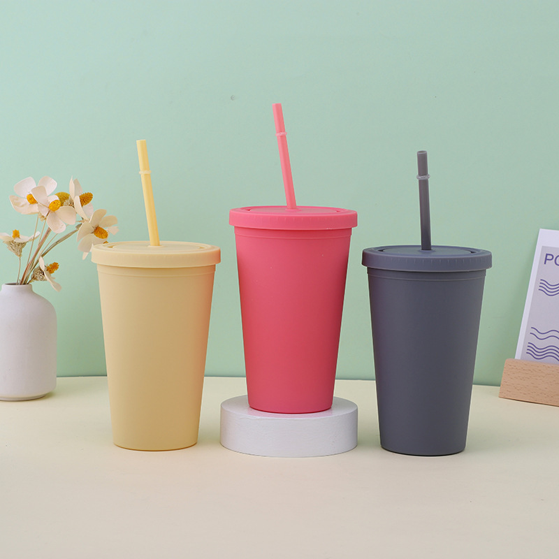 Travel Gift Bundle 16oz 24oz Reusable Matt Plastic Solid Color Ice Cold Drink Cup Straw Cups Stadium Cup With Lids And Straws