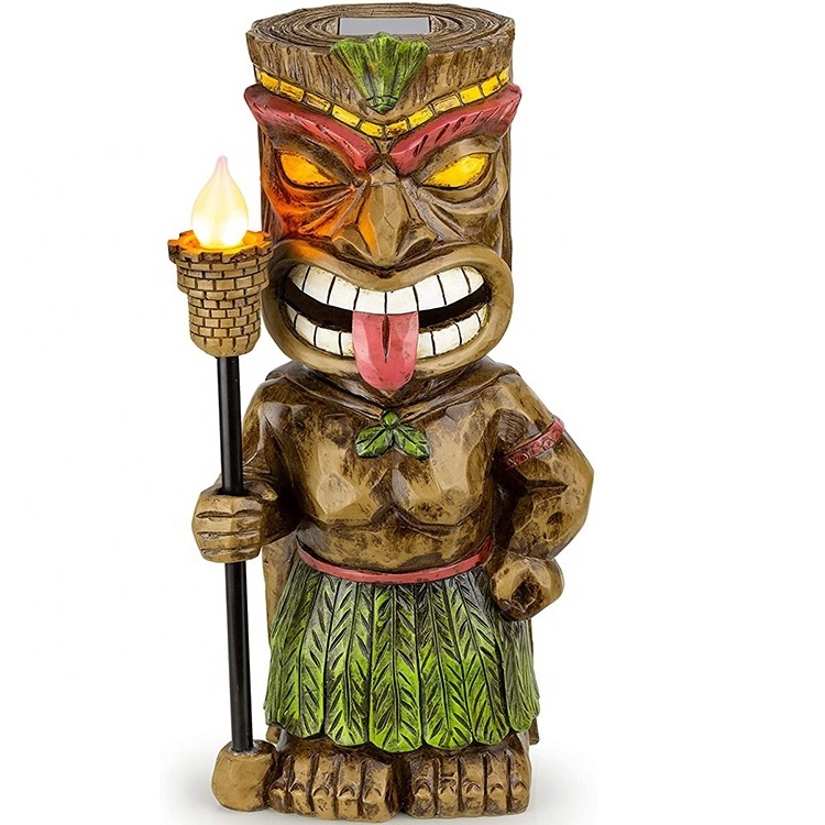 Tiki God Solar Powered Figurine Statue Outdoor Decor LED Garden with Torch