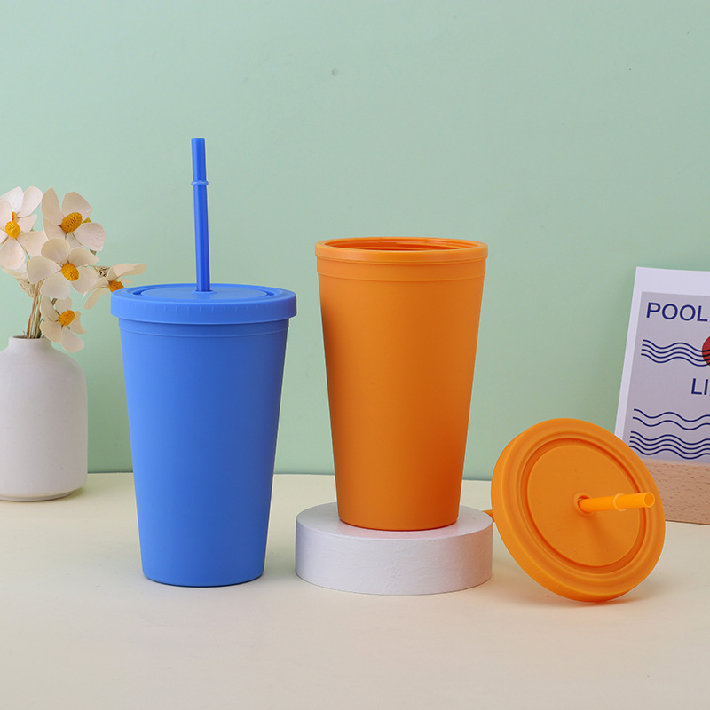 Travel Gift Bundle 16oz 24oz Reusable Matt Plastic Solid Color Ice Cold Drink Cup Straw Cups Stadium Cup With Lids And Straws