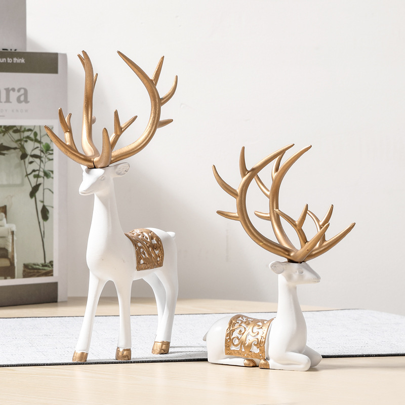 Modern Home Decor Resin Sitting Standing Deer Statues Gold Reindeer Ornament Desktop Living Room TV Cabinet Wine Elk Figurines