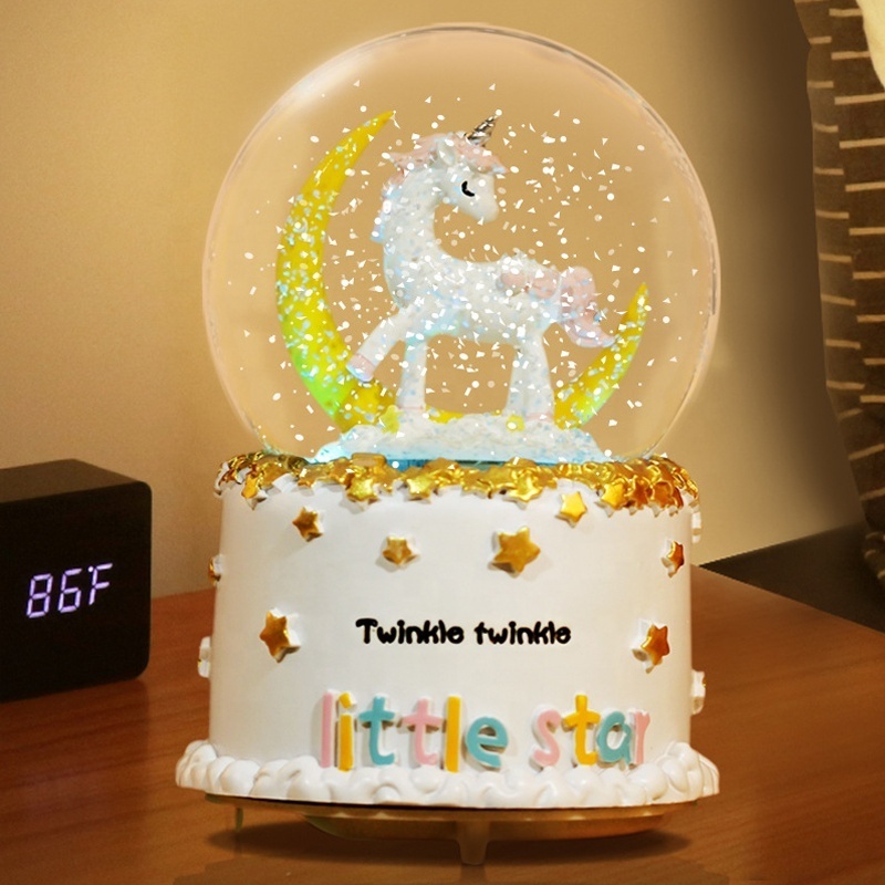 Hot Sale Dream Crystal Balls Music Boxes Resin Ornaments Valentine's Day Gift Ideas Romantic Rainbow Unicorn Snow Globe Glass