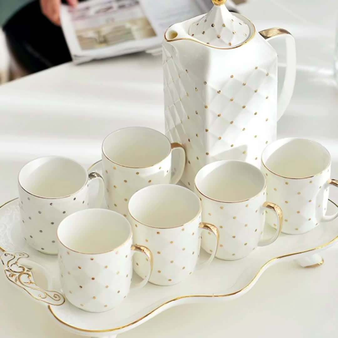 Wholesale European Luxury Tea Cup Set 6 Cups Exquisite Gold Rim and Spot Ceramic Elegant Tea Sets