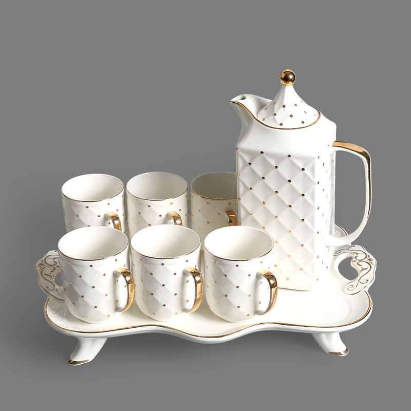 Wholesale European Luxury Tea Cup Set 6 Cups Exquisite Gold Rim and Spot Ceramic Elegant Tea Sets