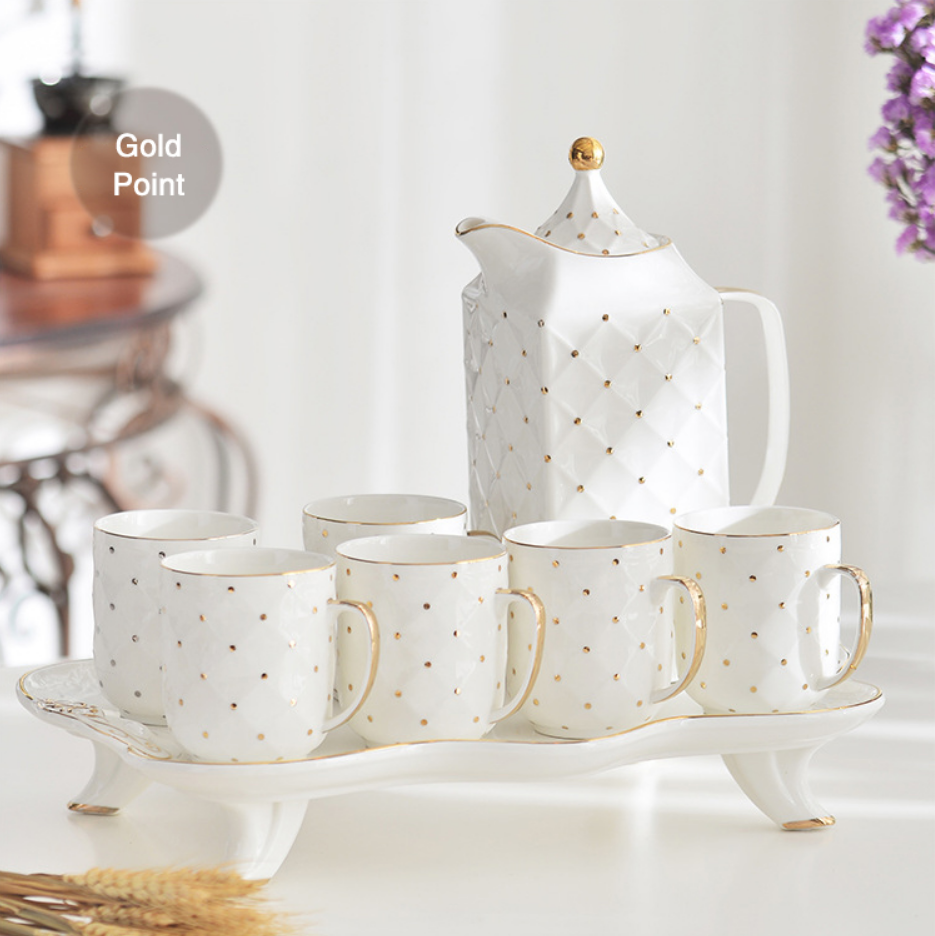 Wholesale European Luxury Tea Cup Set 6 Cups Exquisite Gold Rim and Spot Ceramic Elegant Tea Sets