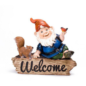 Gnome with welcome sign boards small gnome figurines funny resin children garden statues