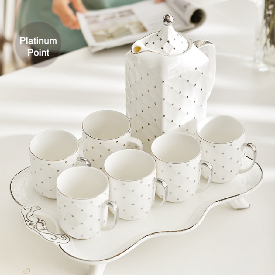 Wholesale European Luxury Tea Cup Set 6 Cups Exquisite Gold Rim and Spot Ceramic Elegant Tea Sets