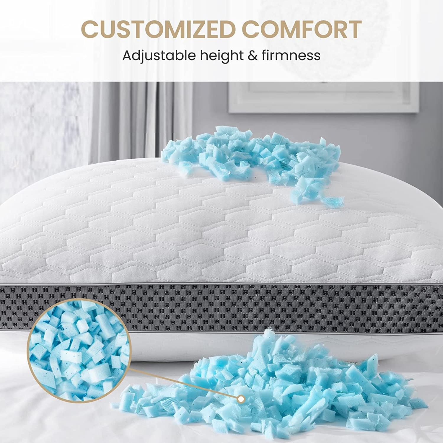 Shredded Memory Foam Pillow for Sleeping Cooling Gel Memory Foam Fill Removable Bamboo Cover