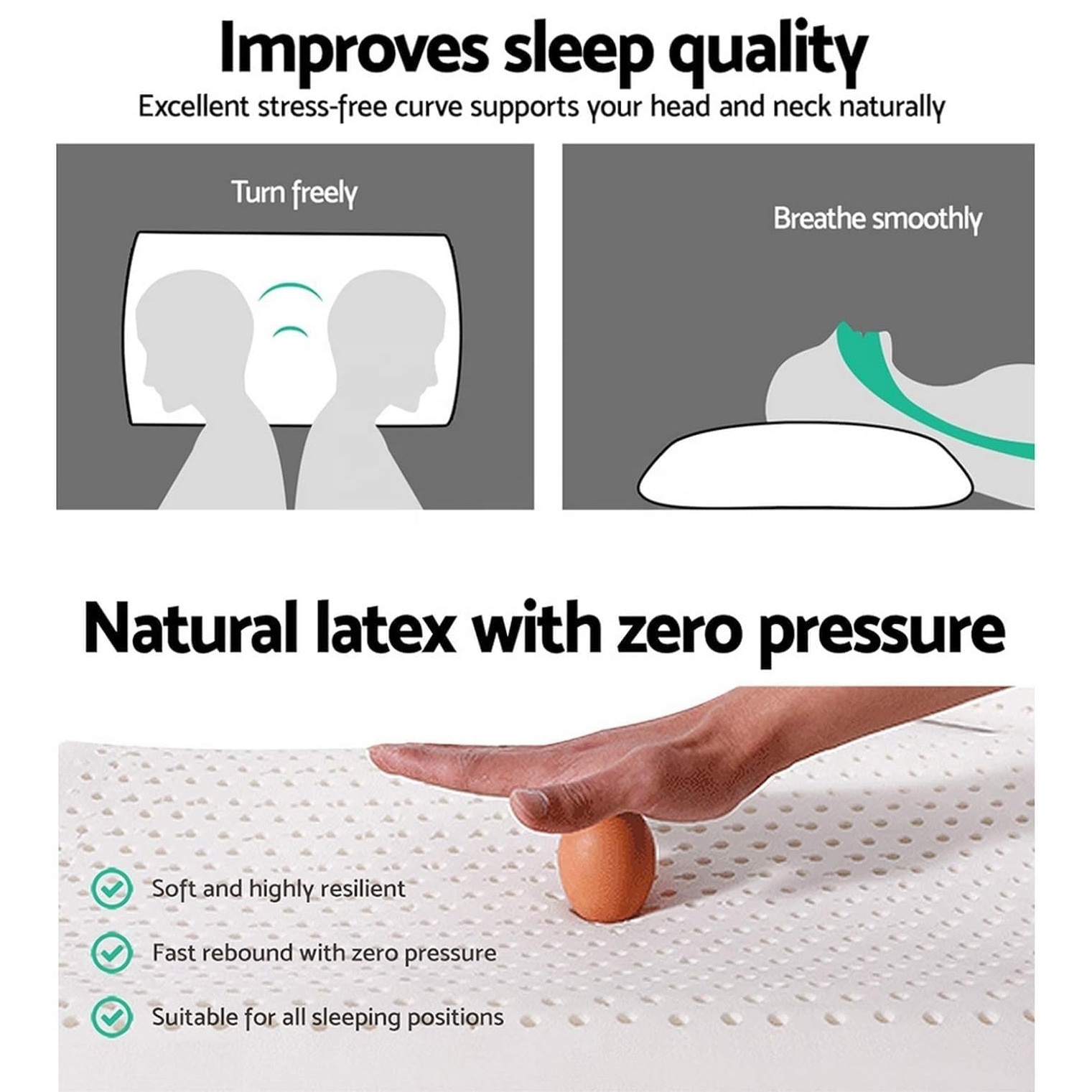 Natural Latex Pillow with 100% Cotton Cover Medium Soft Queen Size Pillow for Sleeping