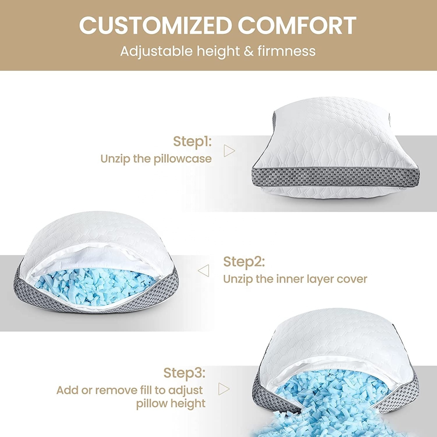 Shredded Memory Foam Pillow for Sleeping Cooling Gel Memory Foam Fill Removable Bamboo Cover