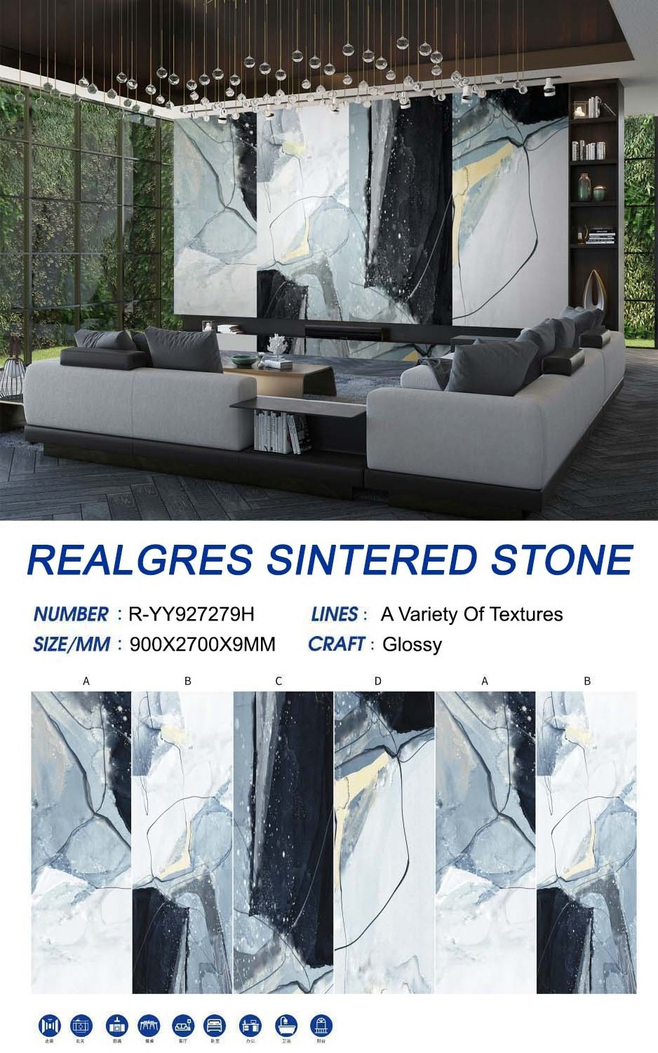 Realgres Modern Blue Abstract Marble Surface Sintered Stone Glossy Porcelain Polished Glazed Slabs For Home Decoration