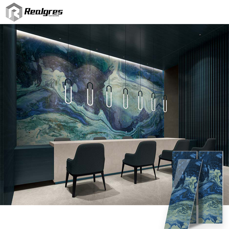 Realgres Blue Agate Ripple Pattern Texture Abstract Artwork Large Format Marble Look Slab Tile For Living Room Wall Decor