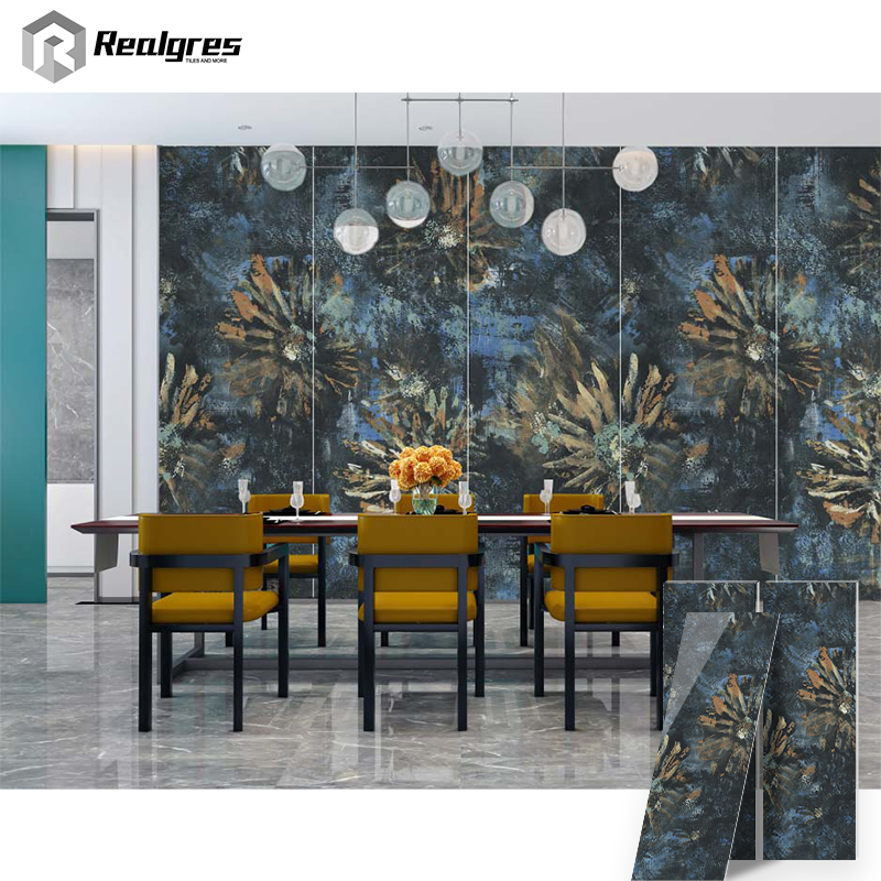 Realgres Large Format Abstract Art Print Marble Slabs For Wall Decoration Sintered Stone Dark Blue Polished Porcelain Tiles