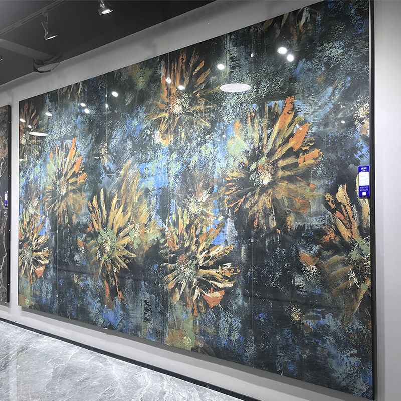 Realgres Large Format Abstract Art Print Marble Slabs For Wall Decoration Sintered Stone Dark Blue Polished Porcelain Tiles