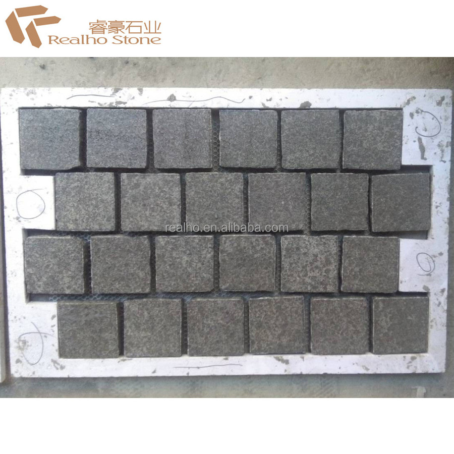 Exfoliated G684 Raven Black Granite Cobblestone Mesh Paver for Driveway