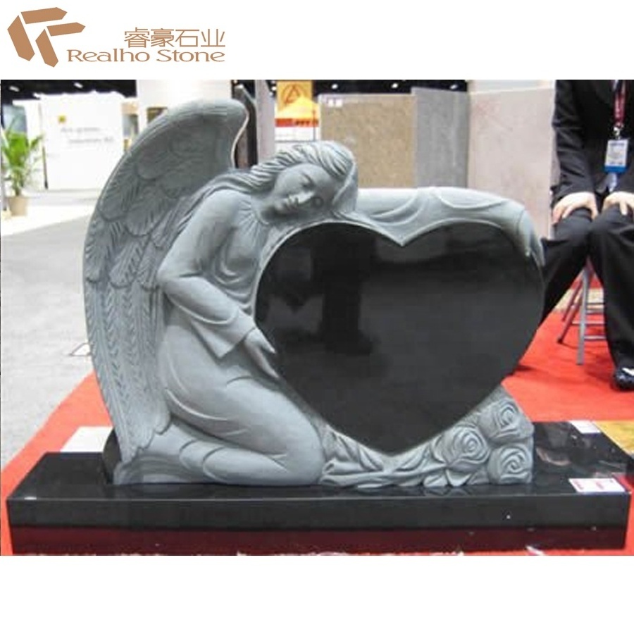 Black Granite Kneeling Angel Heart Shaped Monument/Headstone/Tombstone