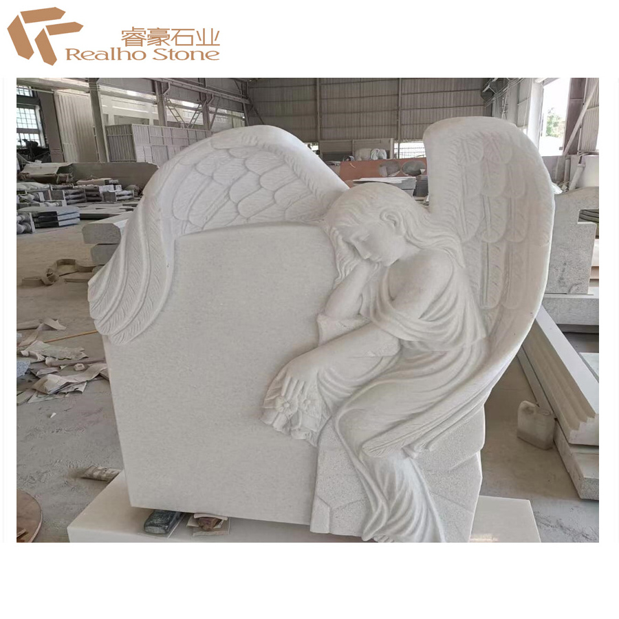 China White Pure White Angel Girl Sculpture Cross Headstone Visual Polished