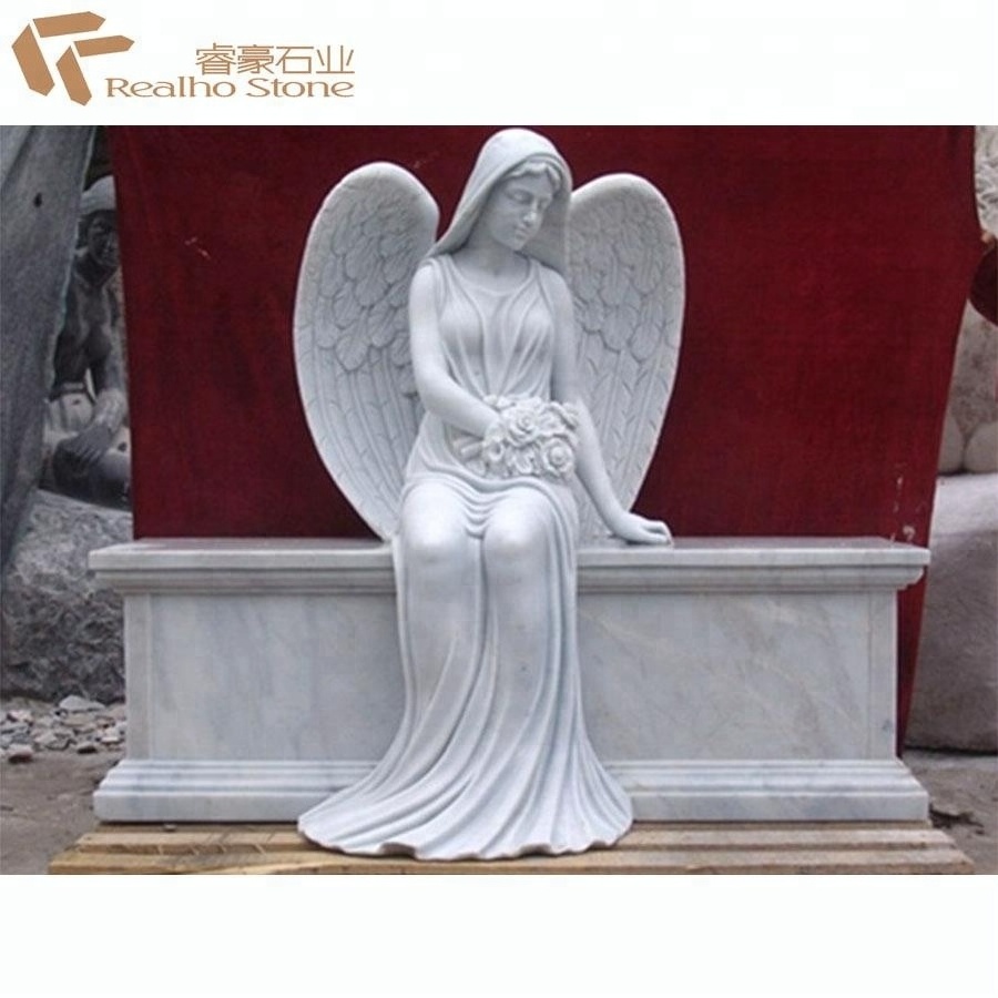 China Cheap White Marble Sculpture Angel Carved Monument Headstone Tombstone for Sale