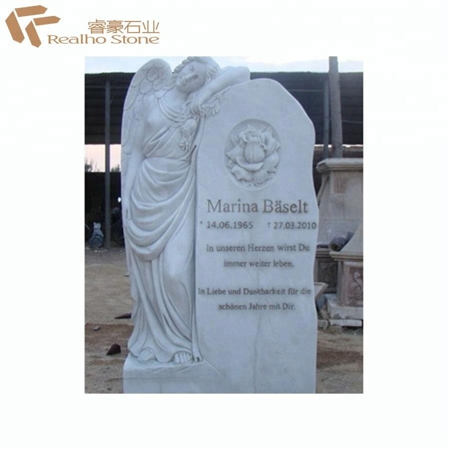 China Cheap White Marble Sculpture Angel Carved Monument Headstone Tombstone for Sale