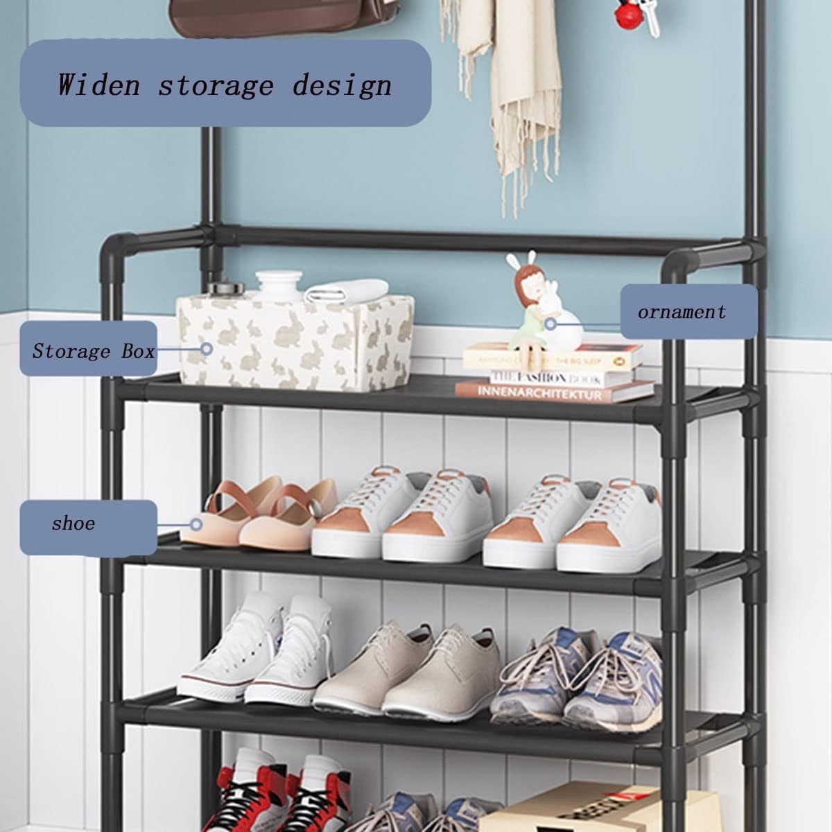 Shoe rack with coat hanger household metal storage rack Freestanding Clothing Rack Stand 3/4/5 Tier Shoe Shelf Organized