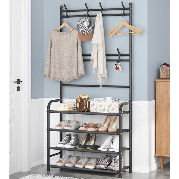 Shoe rack with coat hanger household metal storage rack Freestanding Clothing Rack Stand 3/4/5 Tier Shoe Shelf Organized