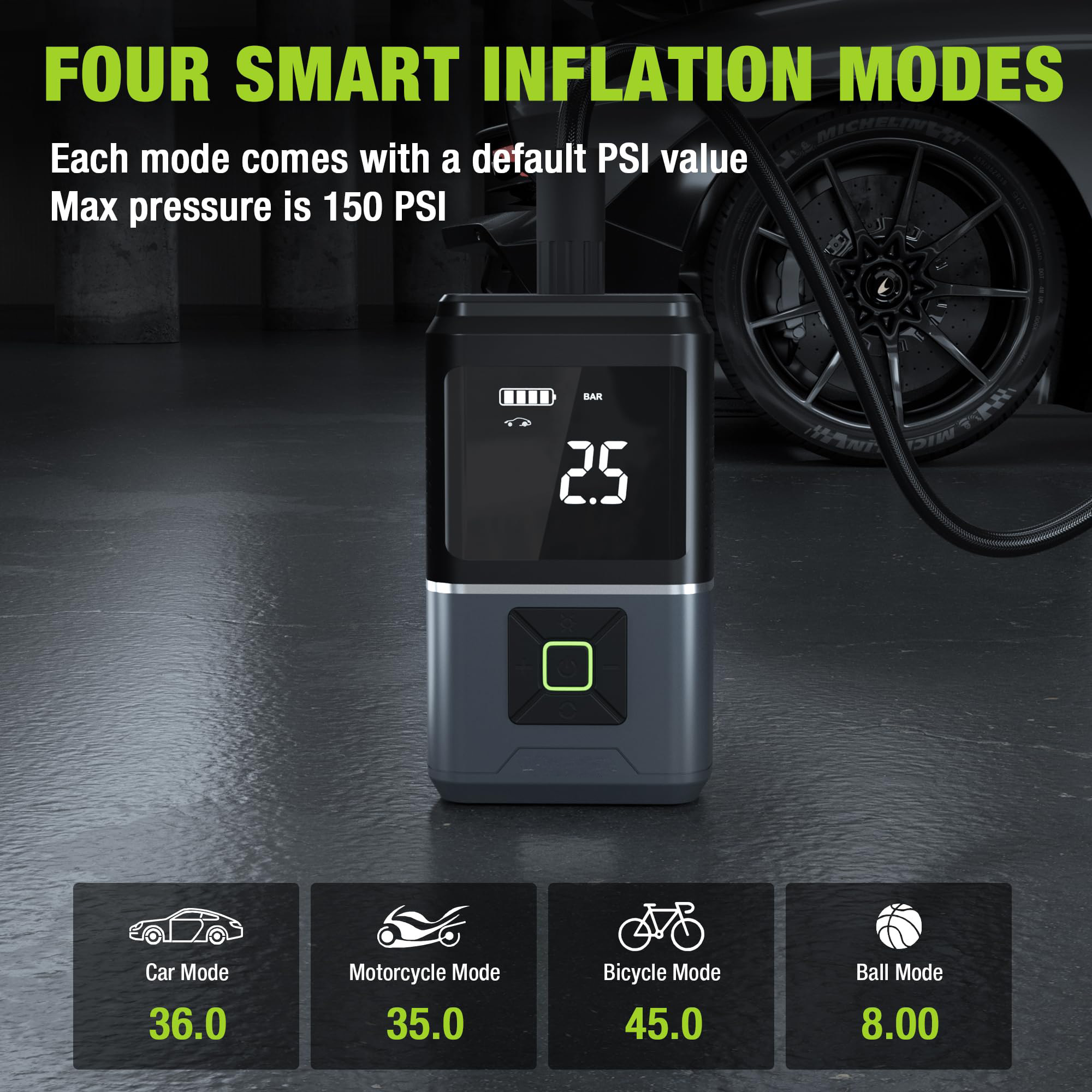 Portable Air Compressor 150 PSI Fast Inflation & Cordless Air Pump for Car Tires with 5200mAh Rechargeable Battery Bike Pump