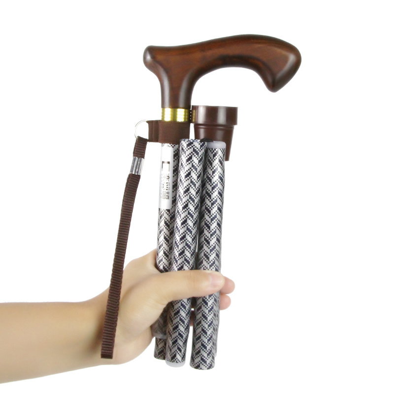 Convenient Collapsible Aluminum Alloy Cane Wood Handle Rubber Tip Open Quickly  Walking Stick For Elderly