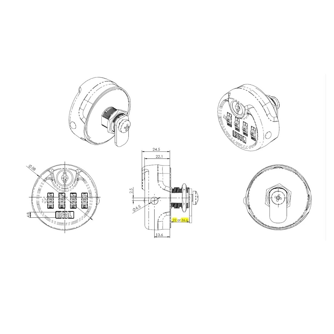 REAL RL-10347 Black and White Digits Combination metal cabinet locker lock