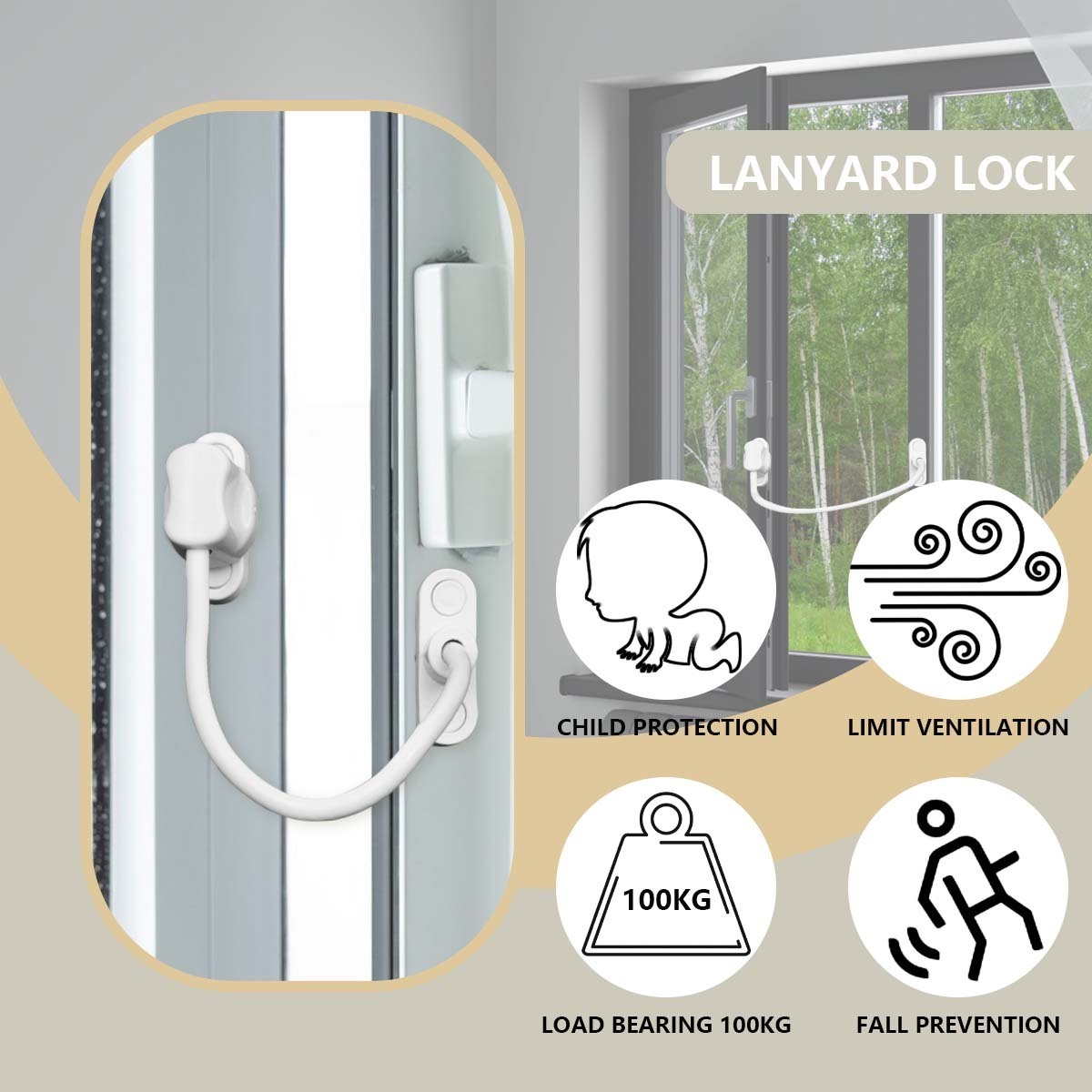 Baolai 1 Pcs White Keyless Window Restrictor, UPVC Window Security Cable Lock Limits Open Spaces to Keep Children Safe