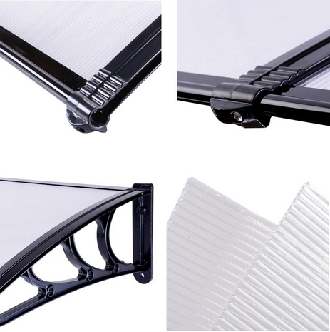 39.4 in x94.5 in Extending Porch Canopy Black Door Awning 5mm Fluted Clear Polycarbonate Canopy Ideal For Doors And Windows