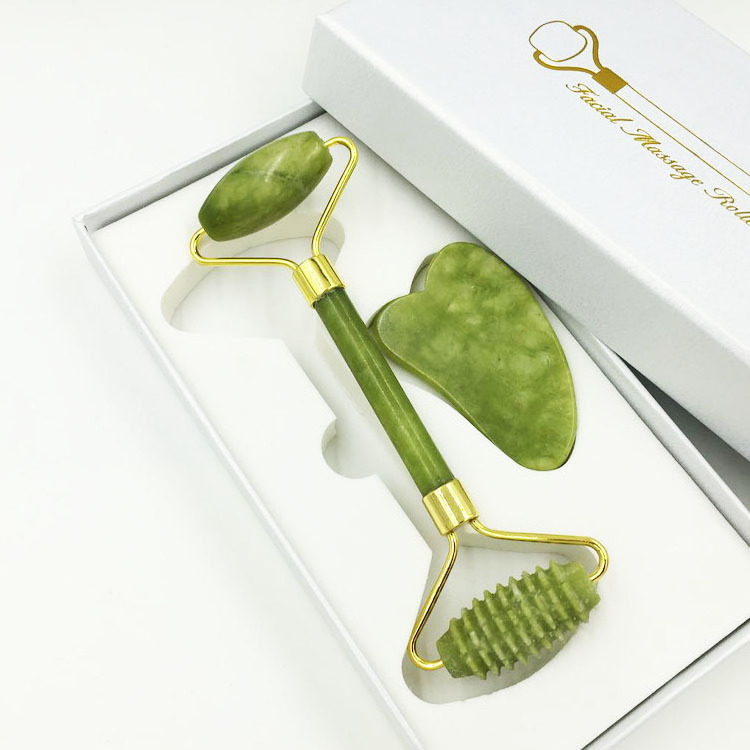 Realong Custom Jade Roller Gua Sha Set Facial Massager Face Roller Natural Green Massager Real Xiuyan Jade Roller For Face