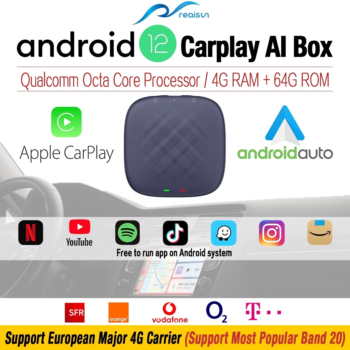 2023 Universal Wireless Carplay Android Auto AI Box Android 12 Octa-Core 4+64GB Netflix Youtube European Asian 4G LTE Network