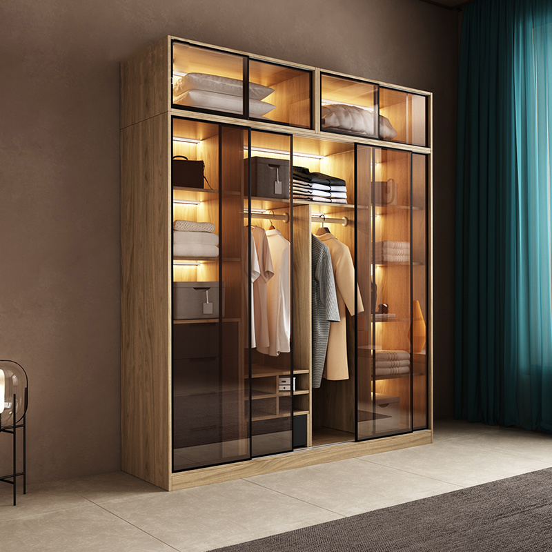 Contemporary Glass Door Closet with Dresser Light Oak Modular Wardrobe with Led