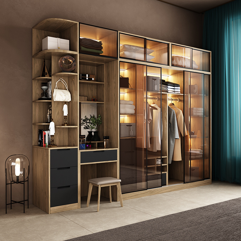 Contemporary Glass Door Closet with Dresser Light Oak Modular Wardrobe with Led